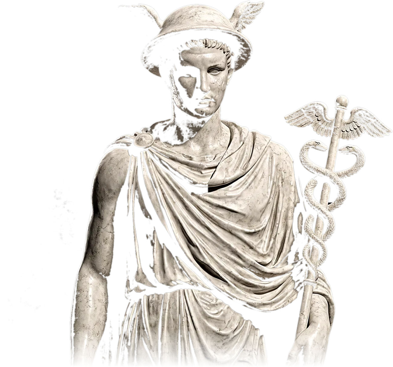Estatua de mármol de Hermes con casco alado y caduceo